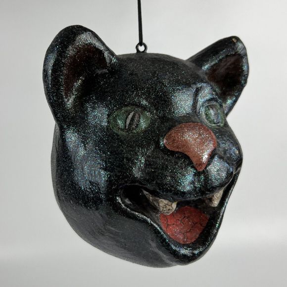 Vtg Folk Art Paper Mache Creepy Hissing Cat‎ Head Ornament Macabre Decor - Picture 1 of 14
